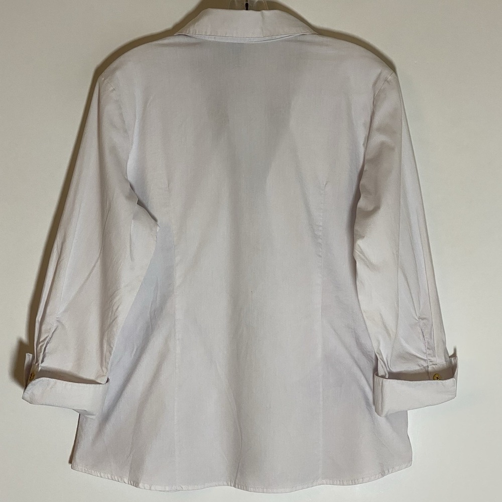New Direction Top Womens Large White Leopard Trim Button Down Cuff Shirt Classic - Picture 14 of 16